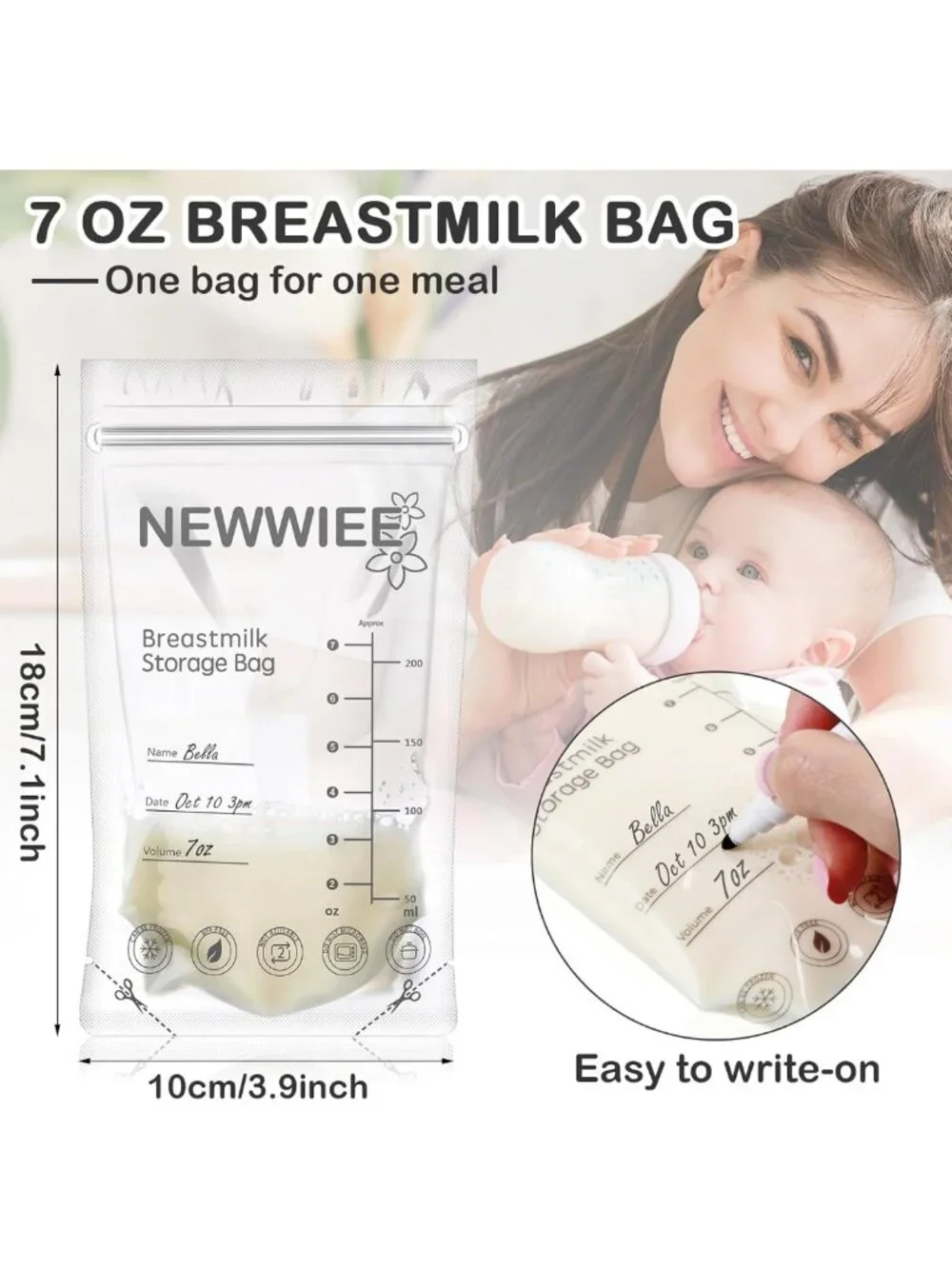 600 Count Breastmilk Storage Bags - 7oz Self-Standing, No Leak, Double Seal